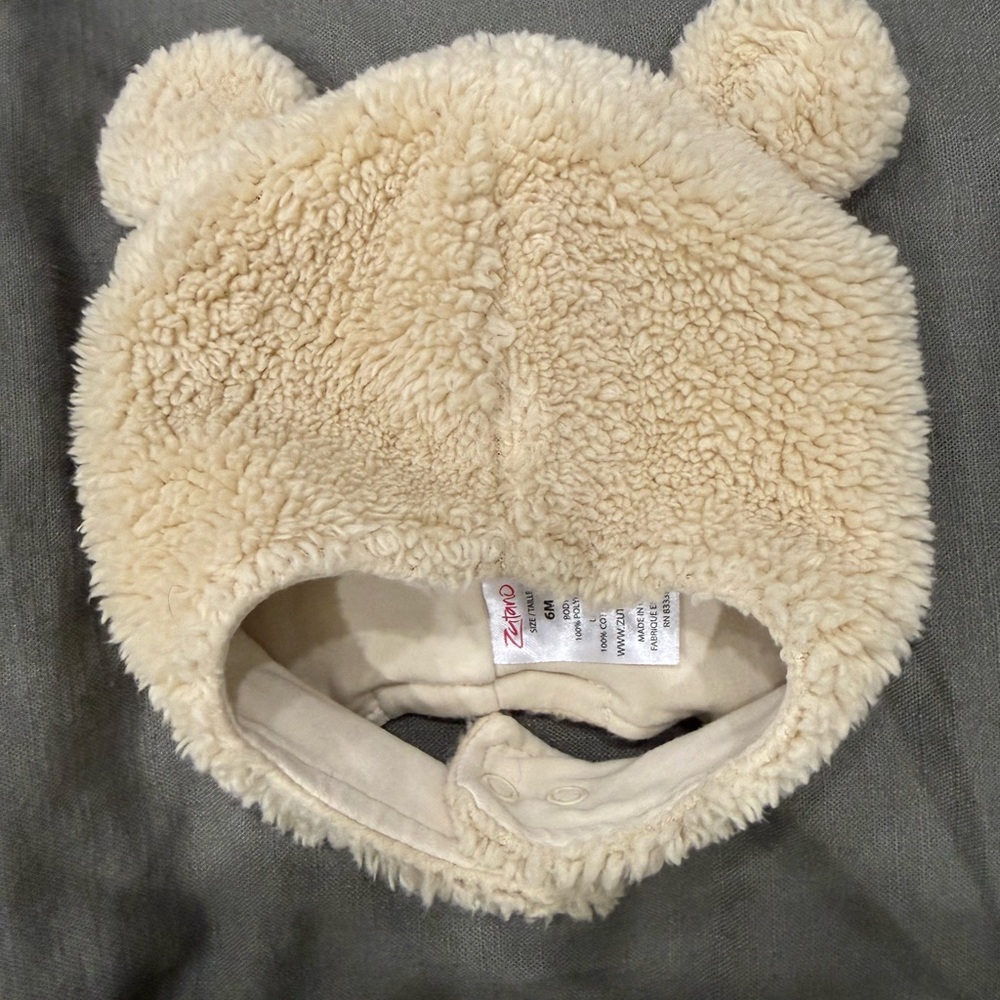 Zutano Cream Sherpa Teddy Ear Baby Hat with Snap Closure